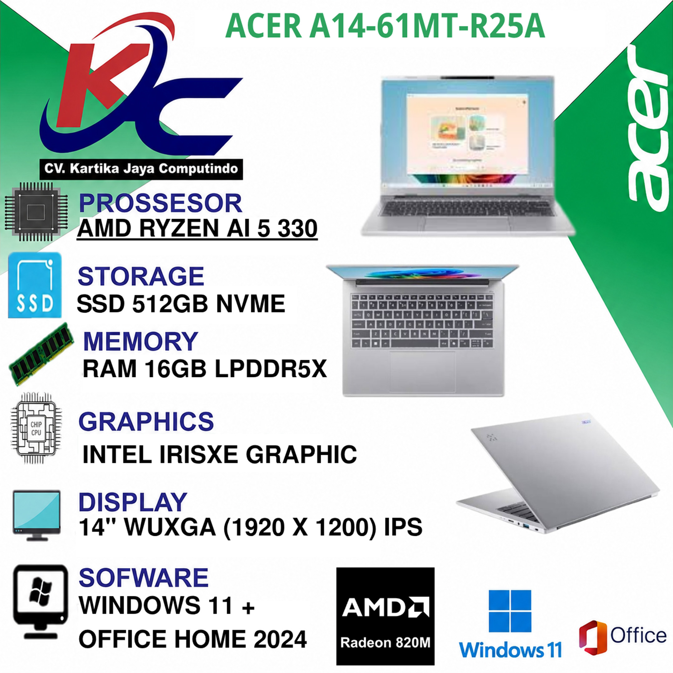 ACER A14-61MT-R25A RY  AI5-330 WHIT50 AI TOPS/ 16GB/ SSD 512GB/ AMDRADEON W11 OHS